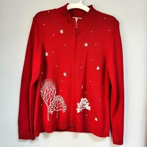 Orvis Womens M Red & White Full Zip Knit Cardigan Beaded Winter Trees Layers